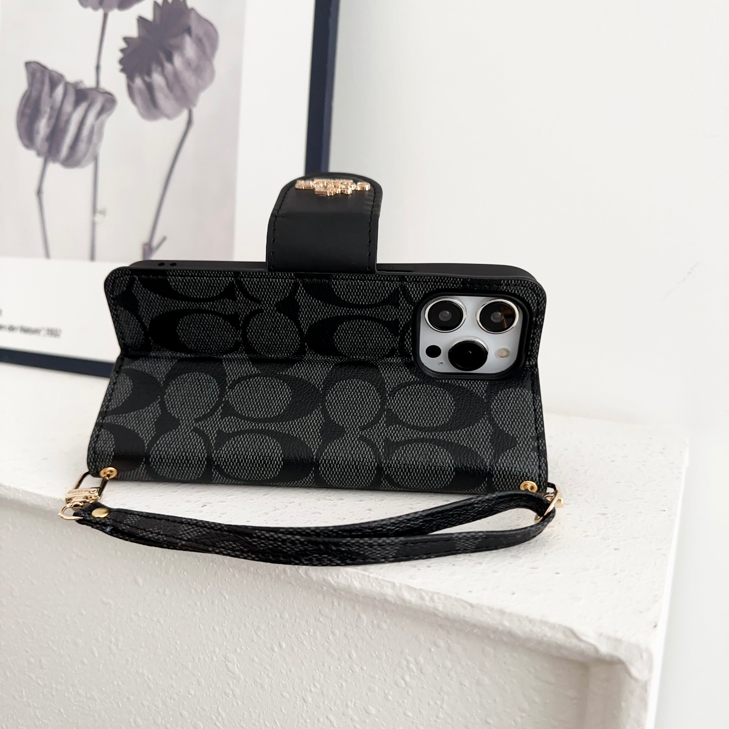 Coach iPhone Case Leather Flip Case with Card Holder Black-PTK241622